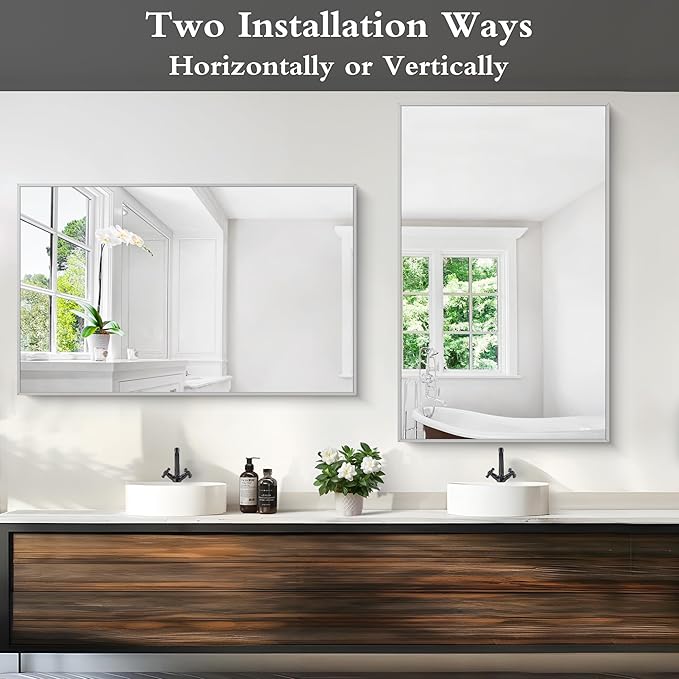 KOCUUY 30x48 Inch Large Silver Wall Mounted Mirror, Brushed Nickel Framed - Image 5