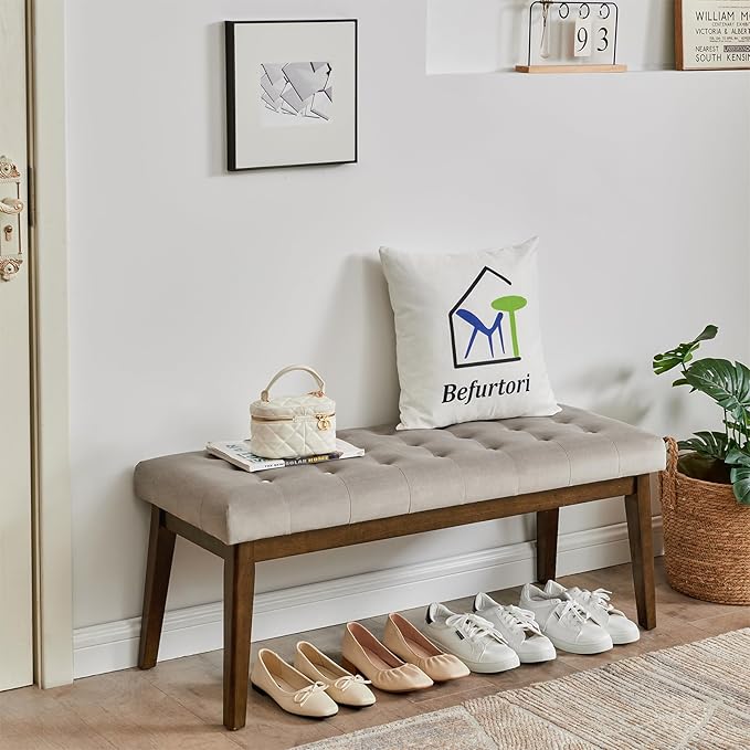 End of Bed Bedroom Bench, Linen Upholstered Tufted Bench - Image 4