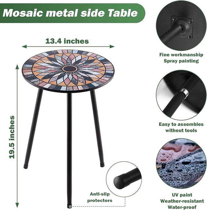 1 Pack Metal Mosaic Round Side Table Small 13.4" End Patio Round Accent Table - Image 3