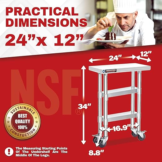 DuraSteel Stainless Steel Work Table 24" x 12" x 34" Height w/ 4 Caster Wheels - Image 2