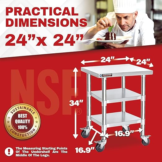DuraSteel Stainless Steel Work Table 24" x 24" x 34" Height w/ 4 Caster Wheels - Image 2
