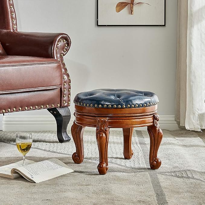 Solid Wood Foot Stool Round Ottoman Mid-Century Footrest Sofa Stool - Image 2