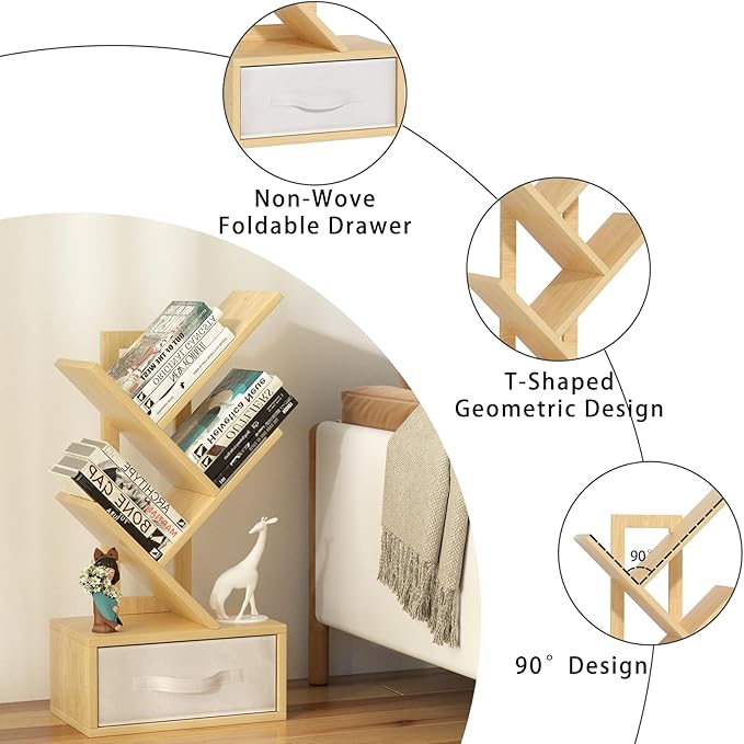 Small Book Shelf with Drawer, 4 Tier Black Tree Bookshelf, Wooden Desktop - Image 6