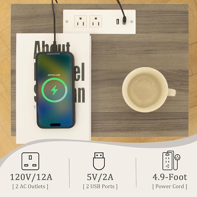 Grey Wood Nightstand with Charging Station, Modern Bedside Table with Fluted - Image 4