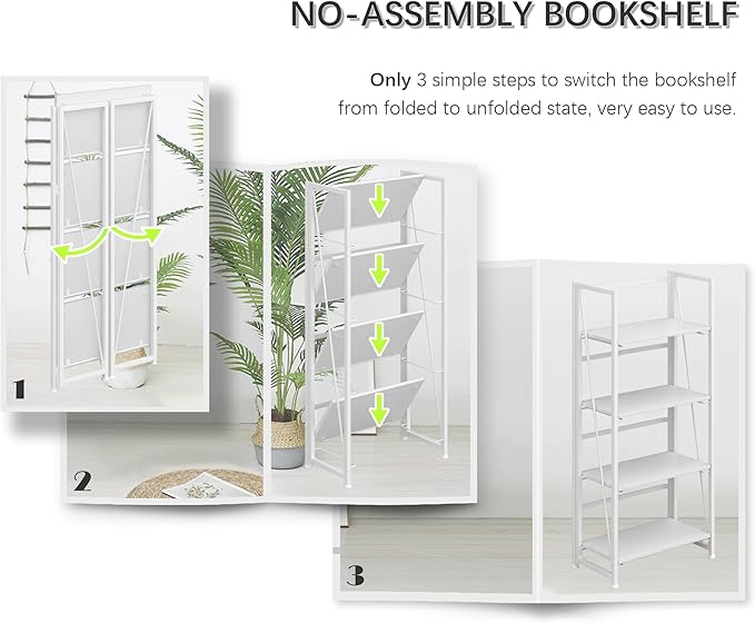 4NM No-Assembly Folding Bookshelf Storage Shelves 4 Tiers Vintage Bookcase - Image 6