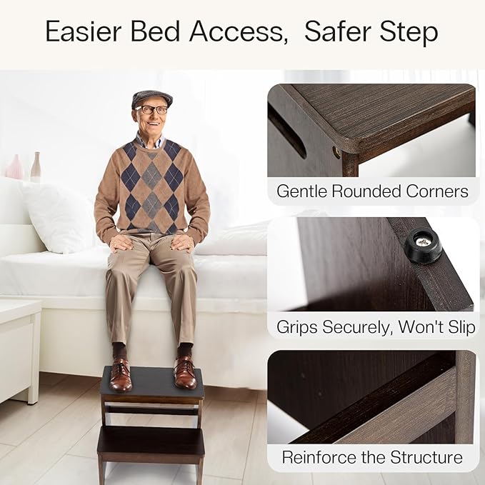 StrongTek Bed Step Stool for High Beds, Large Surface Bamboo 2-Step Stool for - Image 3