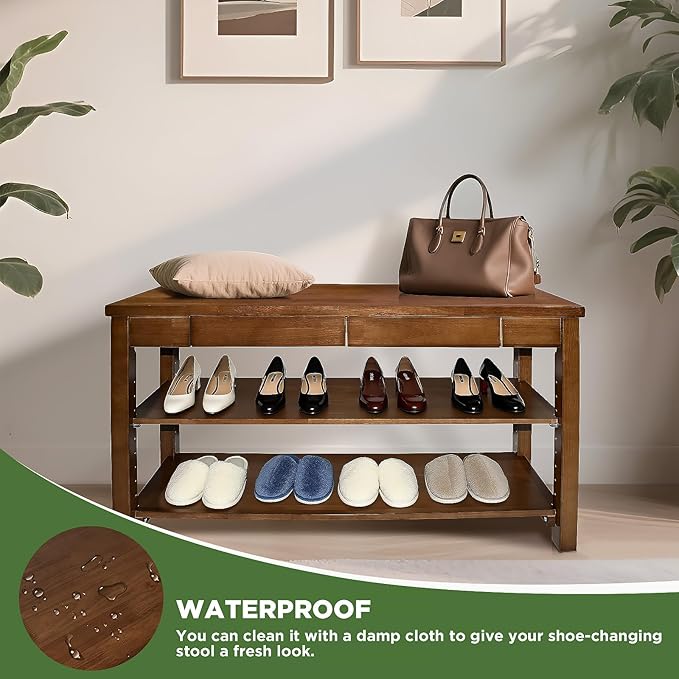 Wood Shoe Bench Entryway with Drawer: 2-Tiers Wooden Storage Shoe Rack with - Image 6