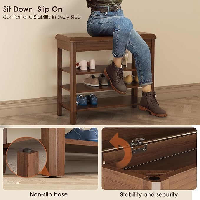Shoe Rack Bench Seat Rubberwood 3-Tier Wooden Storage Bench 550lbs Compact - Image 7