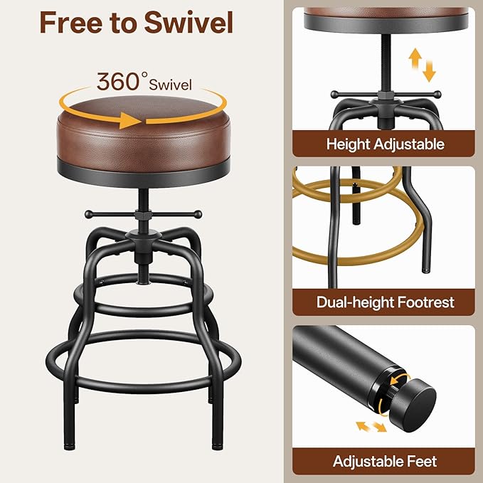 Adjustable Height Swivel Bar Stools Set of 2, 22-29 Inch Industrial Vintage Bar - Image 4