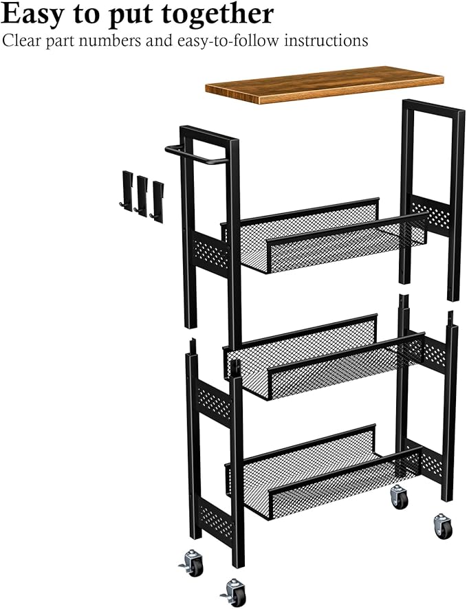 Utility Slim Storage Cart, 4 Tier Small Rolling Kitchen Laundry Room Cart - Image 8