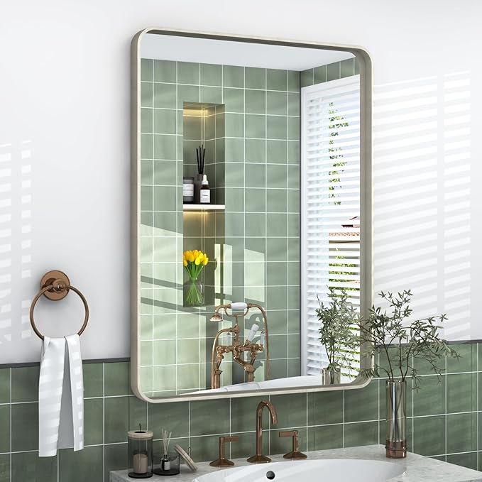 22x30 Inch Brushed Nickel Bathroom Mirror, Brushed Silver Metal Framed Wall by VANLIOBathroomMirror