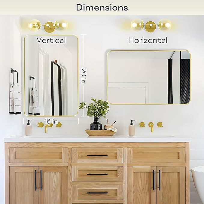 Wall Mount Mirror for Bathroom, Brushed Gold Metal Framed Rounded Corner - Image 4