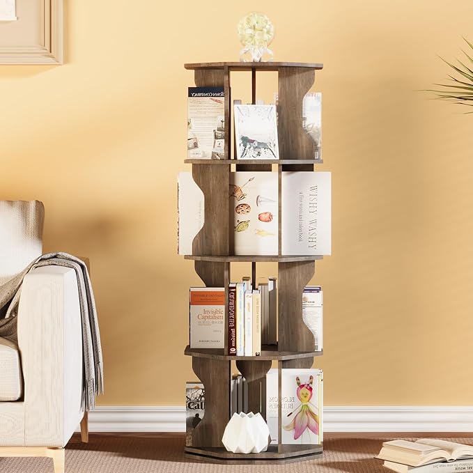4 Tier Rotating Bookshelf, Spinning Bookshelf Tower Lazy Susan, Corner by HOVANESTY