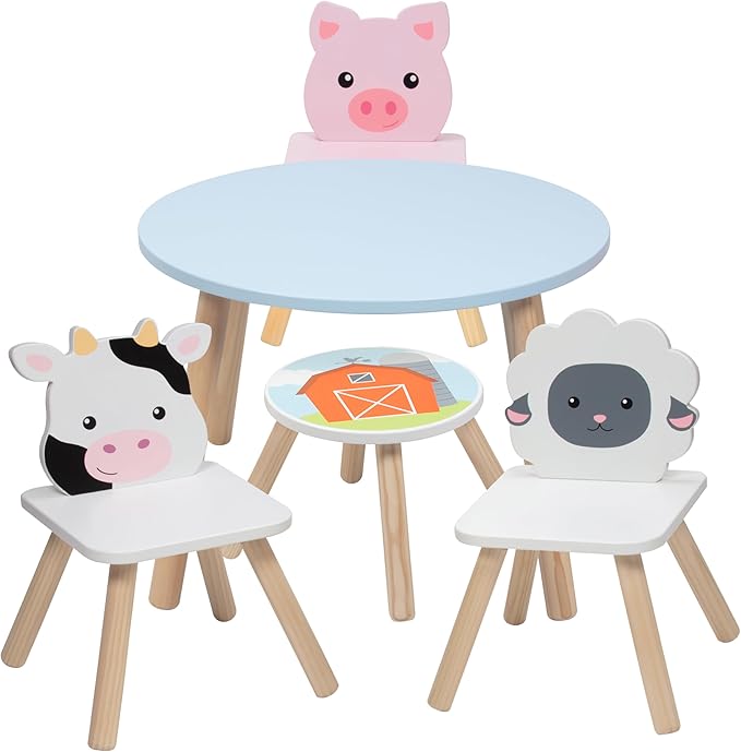 Kids Wooden Animal Table & Chair Set w 4 Seats- Cow Pig Sheep Plus Adult Stool - Image 7