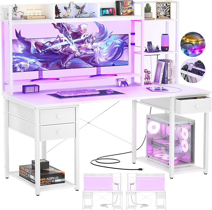 Aheaplus LED Gaming Desk with Hutch, 55.2" Workstation by Aheaplus