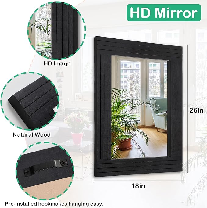 Black Wall Mirror Rectangular Vintage Rustic Wood Framed Large Mirror Deco - Image 7