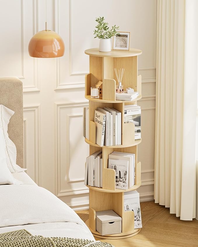Masupu Rotating Bookshelf, Tall 4 Tier Rotating Spinning Bookshelf Tower - Image 8