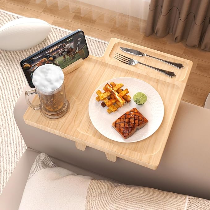 Bamboo Couch Arm Table with Remote Control Tray & Rotating Phone Holder by Unknown