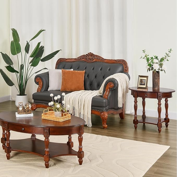 LEEMTORIG Oval Round End Table, 2-Tier Cherry Wood End Table Solid Wood Side - Image 9
