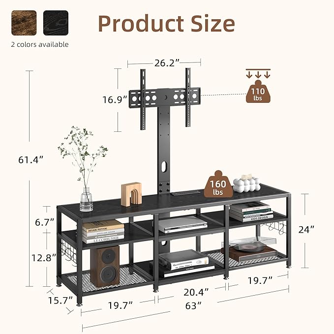 VECELO 63" TV Stand with Mount and Power Outlets, Entertainment Center Console - Image 2