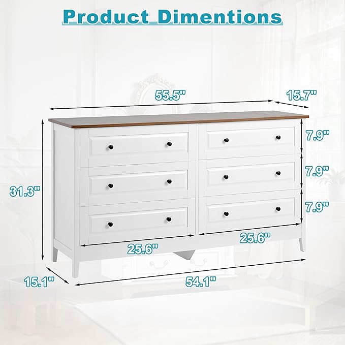 Farmhouse 6 Drawers Dresser for Bedroom, 55.5" Wide Wood Chest of Drawers - Image 2