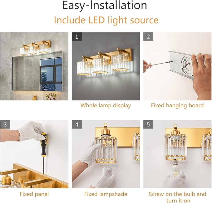 Modern Bathroom Vanity Light 3-Lights Gold Crystal Bathroom Wall Light Vanity - Image 7