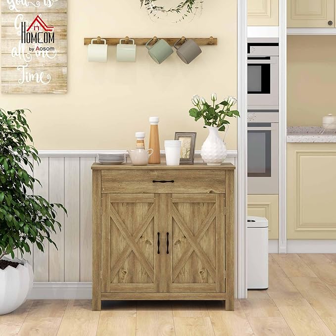 HOMCOM Farmhouse Sideboard Buffet Cabinet, Barn Door Coffee Bar Cabinet - Image 2
