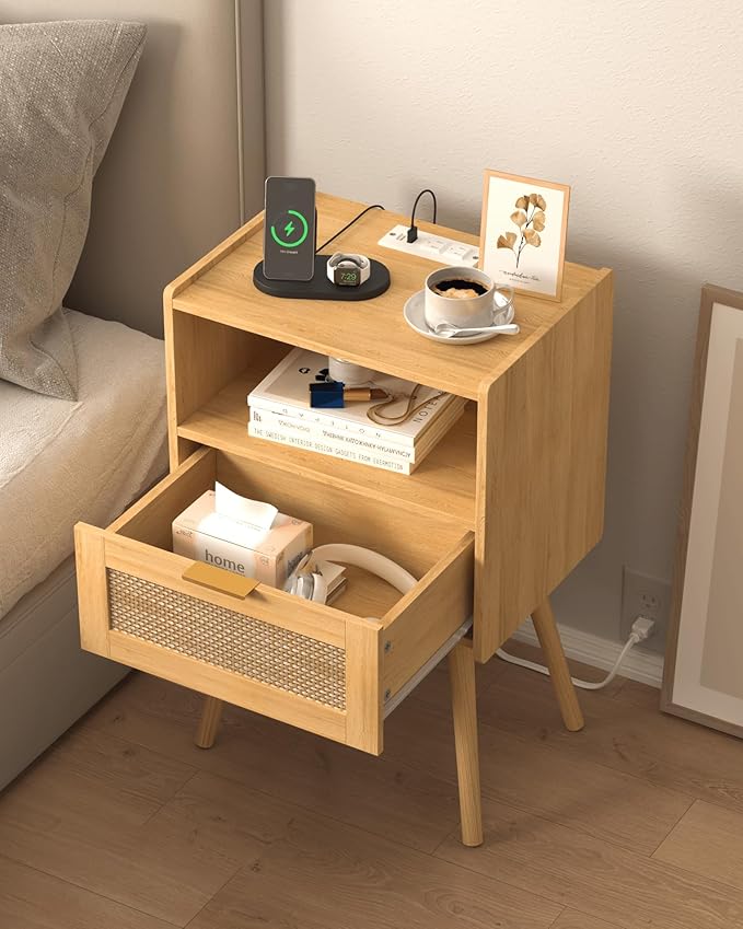 Rattan Nightstand with Outlet, Modern Bedside Table with Storage Drawer and - Image 6