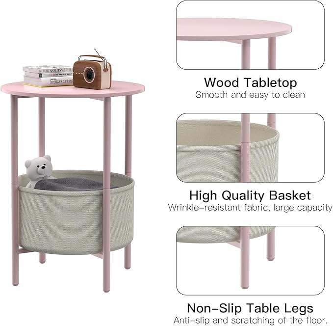 Round End Table with Fabric Basket, Bedside Table with Storage, Morden Round - Image 4
