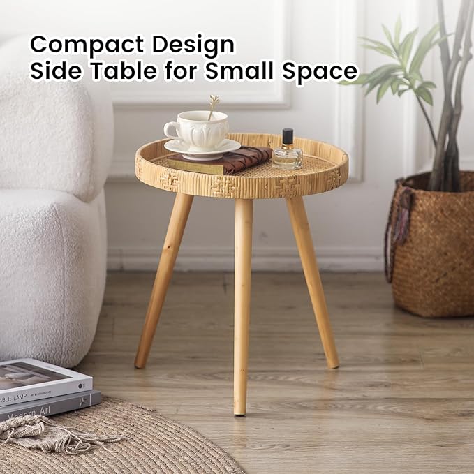 Round Rattan Side Table for Small Spaces, Boho Circle End Table Coffee Table - Image 4