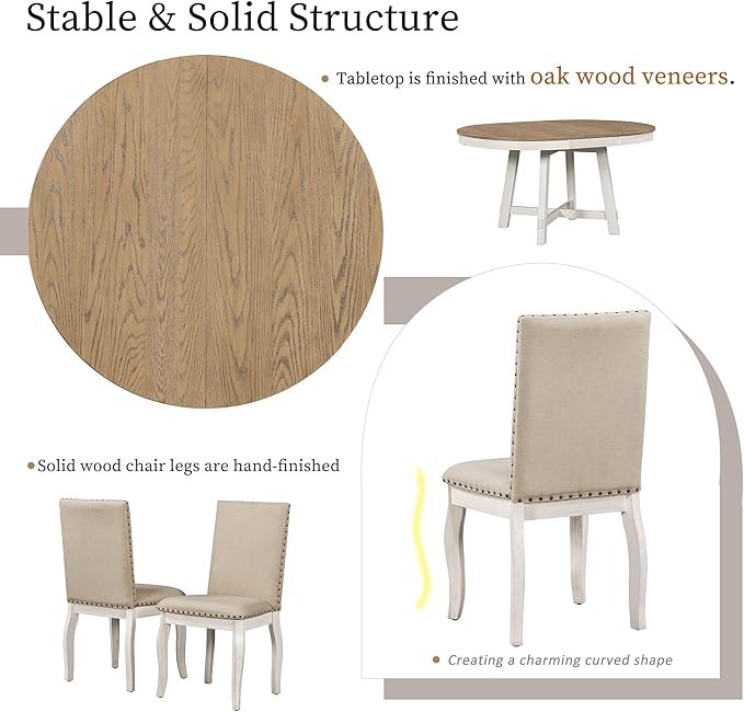 5 Pieces Dining Table Set with 43" Round Extendable Desk, Living Room Furniture - Image 8