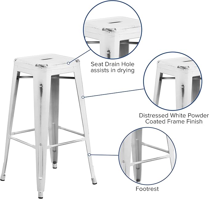 Flash Furniture Kai Commercial Grade 30" High Backless Distressed White Metal - Image 5