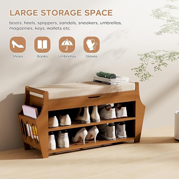 34.3in Shoe Bench, Bamboo 3-Tier Entryway Bench - Image 8