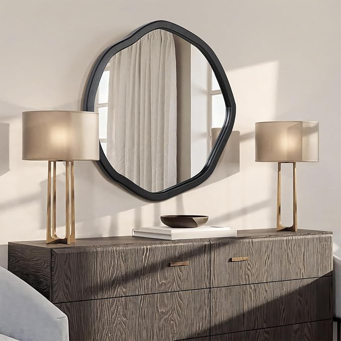 ULIKE Round Wood Mirror 24 Inch Circle Wall Mirror, Asymmetrical Bathroom - Image 2