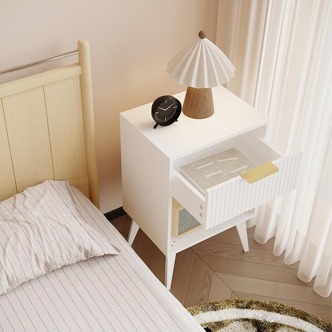 Fluted Night Stand with Opening Storage, Mid Century Bedside Table with Drawer - Image 4