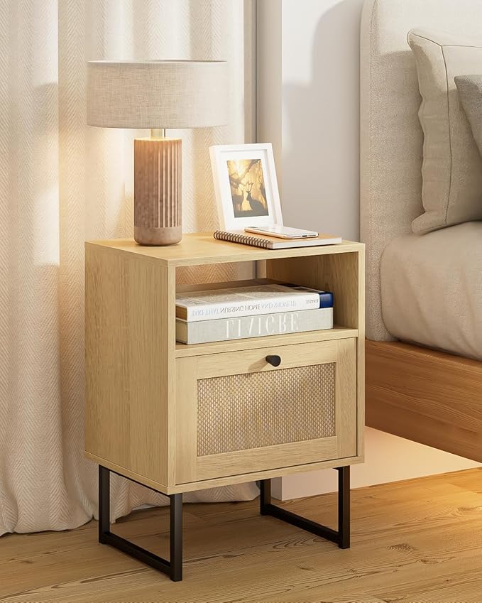 Rattan Nightstand, Boho Night Stand Farmhouse Wood Bedside Table by Unknown
