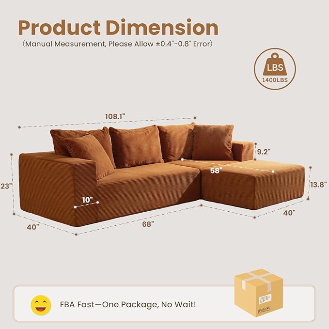 Modular Sectional Sofa, Corduroy Cloud Couch - Image 2
