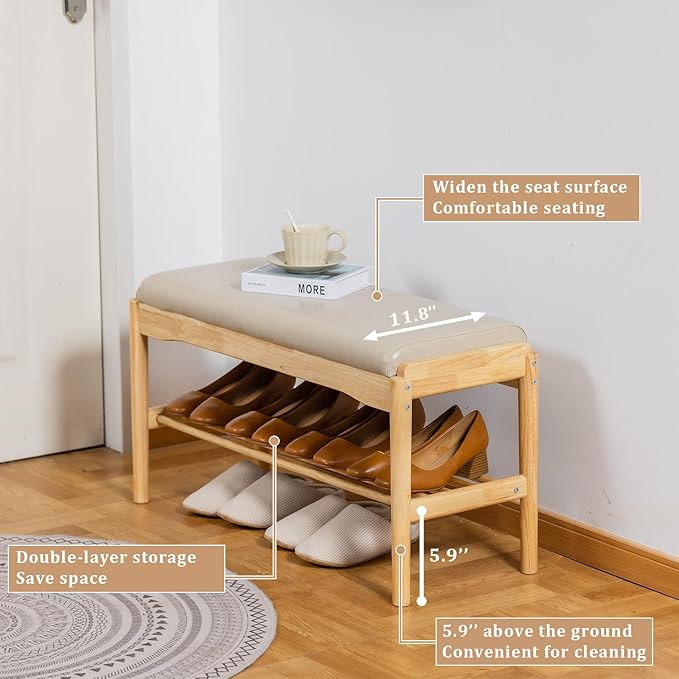 Shoe Bench, Entryway Bench, Wood 2-Tier Shoe Rack - Image 6