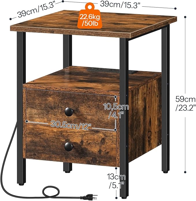 HOOBRO End Table with Charging Station, Bedside Table with 2 Drawer & USB Port - Image 3