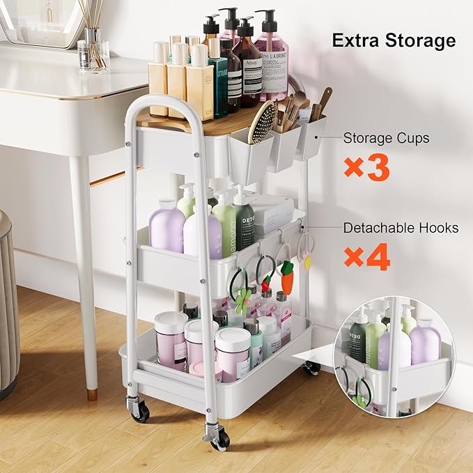 3 Tier Rolling Cart Metal with Wheels and Bamboo Table Top, Art Cart Organizer - Image 9