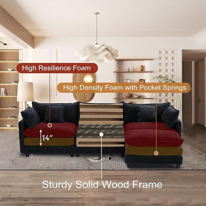 Furniliving 112‘’ L-Shaped Sofa, Luxury Chenille Modular Sectional Couches - Image 3