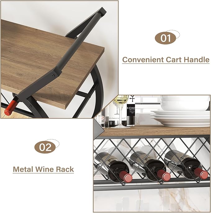LVB Bar Cart with Wine Rack, 2 Tier Kitchen Cart on Wheels, Modern Wood and - Image 9
