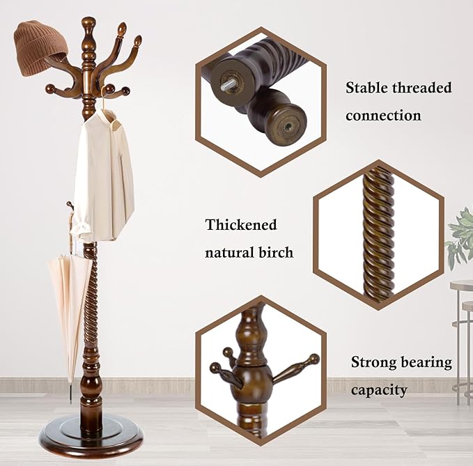 Coat Rack Stand, Solid Wooden Coat Tree - Image 4