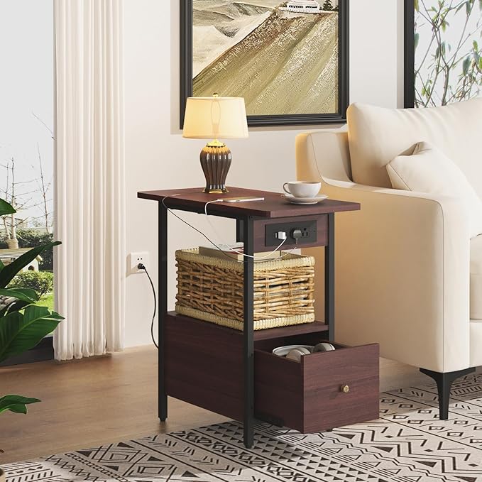 LIDYUK End Table with Charging Station, Narrow Side Table with Drawer and USB - Image 4