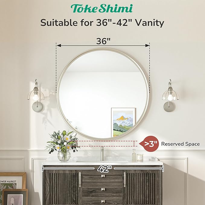TokeShimi 36 in Round Brushed Nickel Mirror Tempered, Round Mirror Framed - Image 2