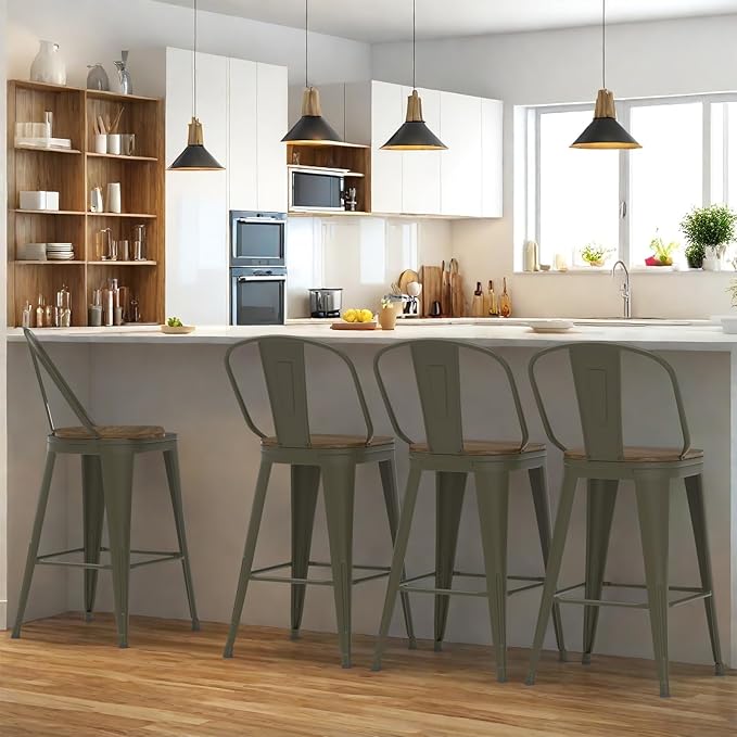 24” Swivel Bar Stools Set of 4, Counter Height Bar Stools Wooden Seat, Metal by Homvinax