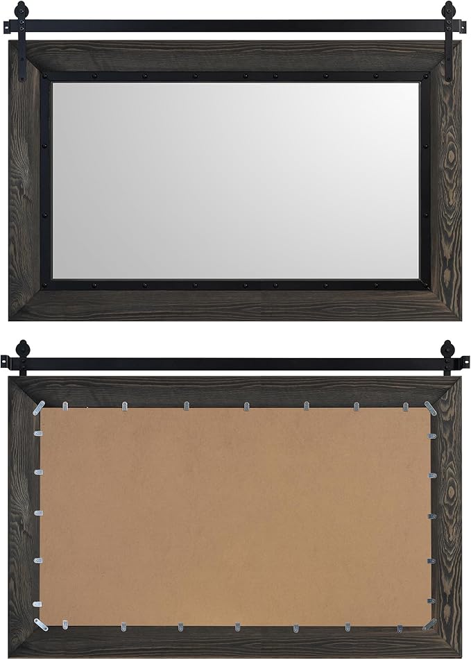 YOSHOOT Farmhouse Barn Door Mirror, Wood Frame Wall Mirror, Wooden Mirror - Image 3
