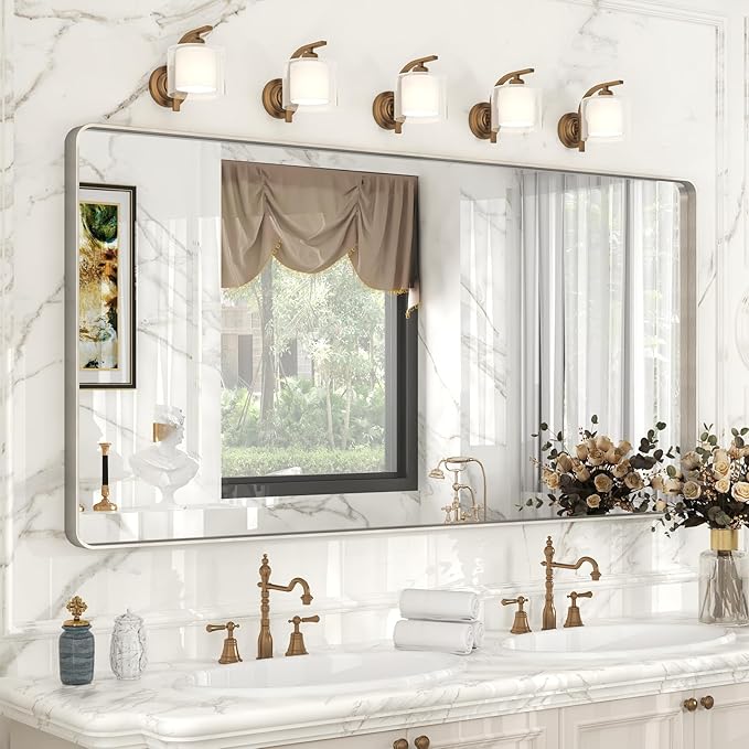 60x28 Inch Brushed Nickel Bathroom Mirror, Large Brushed Silver Metal Framed by VANLIOBathroomMirror