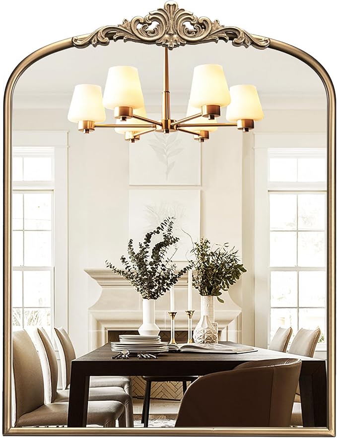 Arched Antique Gold Mirror, Ornate Arched Brass Wall Mirror - Image 9
