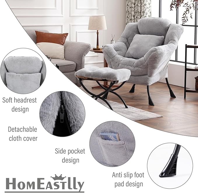 Lazy Chair with Ottoman, Modern Large Accent Lounge Chair with a Pillow - Image 6